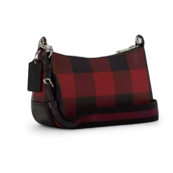 COACH Jes Baguette With Buffalo Plaid Purse Crossbody Bag Red/Black - Picture 3 of 13